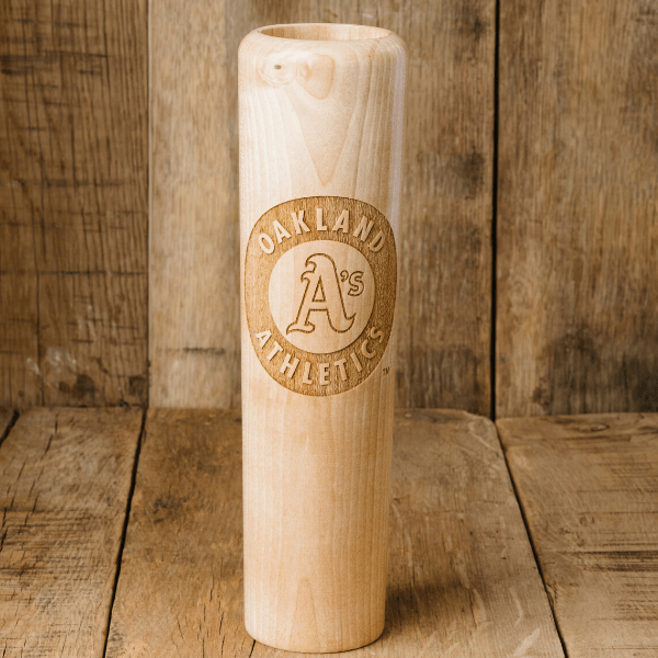 Collection of Wooden baseball bat with Oakland Athletics logo on a wooden background in a gallery layout