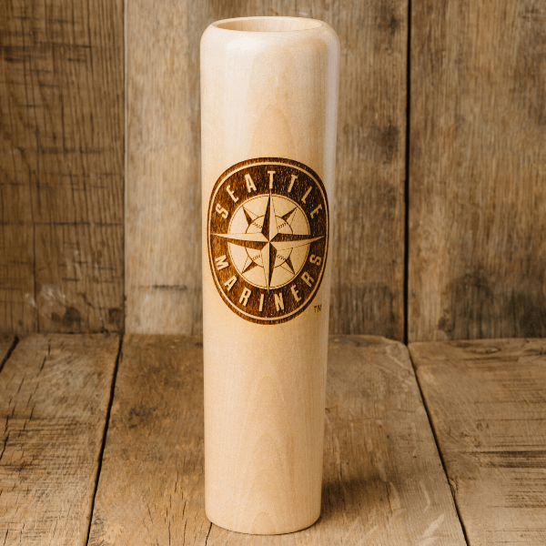 Collection of Wooden baseball bat with Seattle Mariners logo on a wooden background in a gallery layout