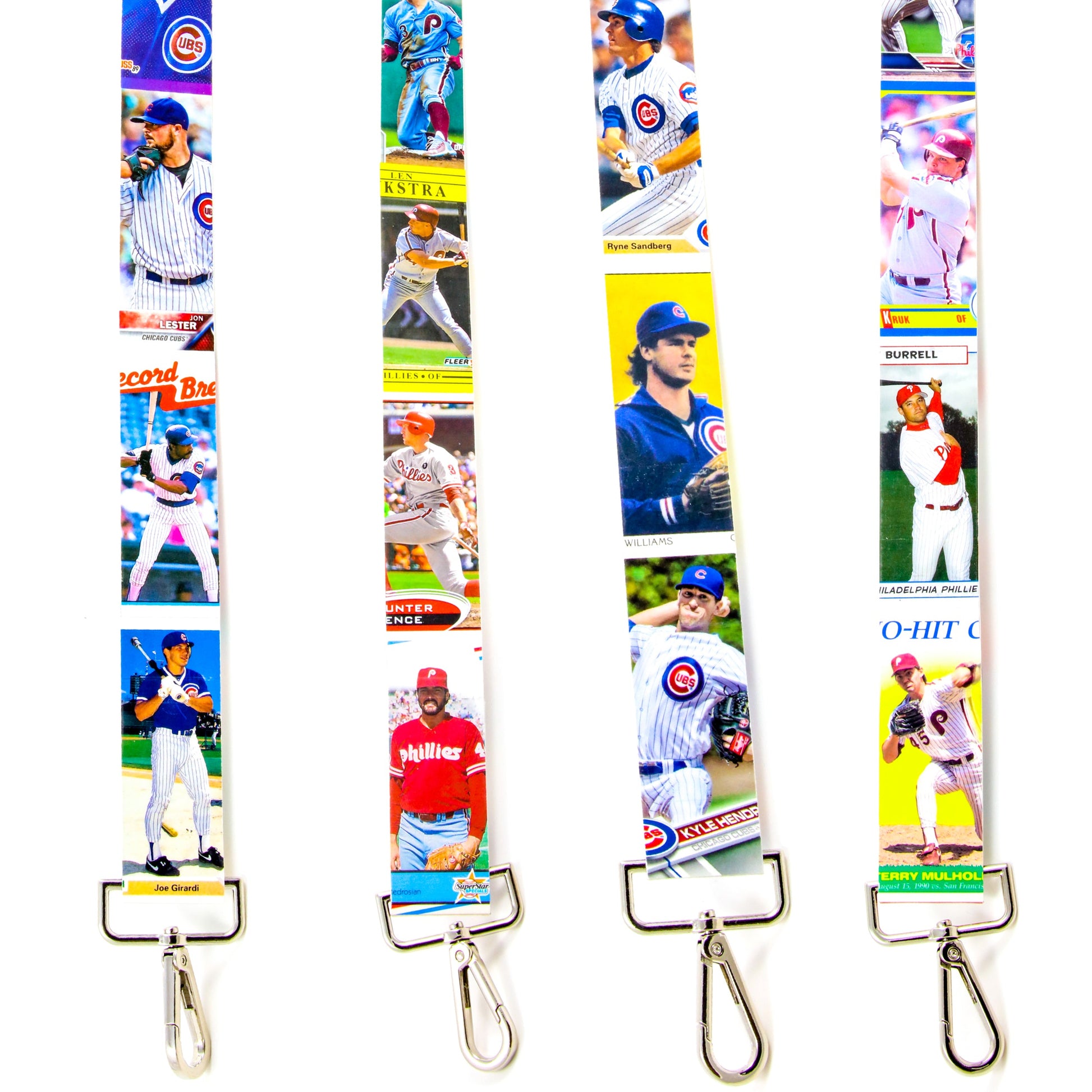 Set of four lanyards with baseball player cards on a white background