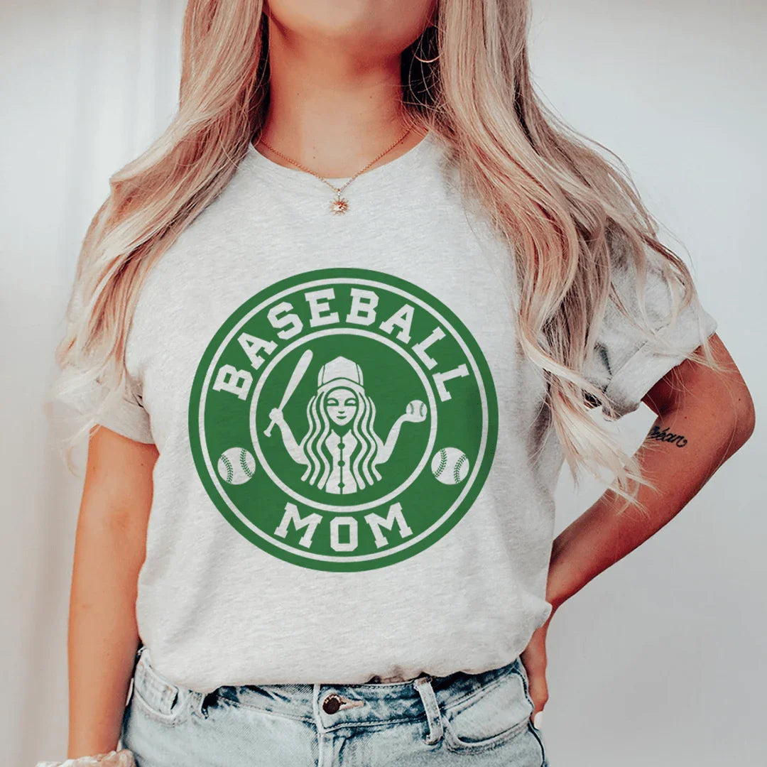 Collection of Woman wearing a starbucks inspired t-shirt with a 'Baseball Mom' graphic design. in a gallery layout