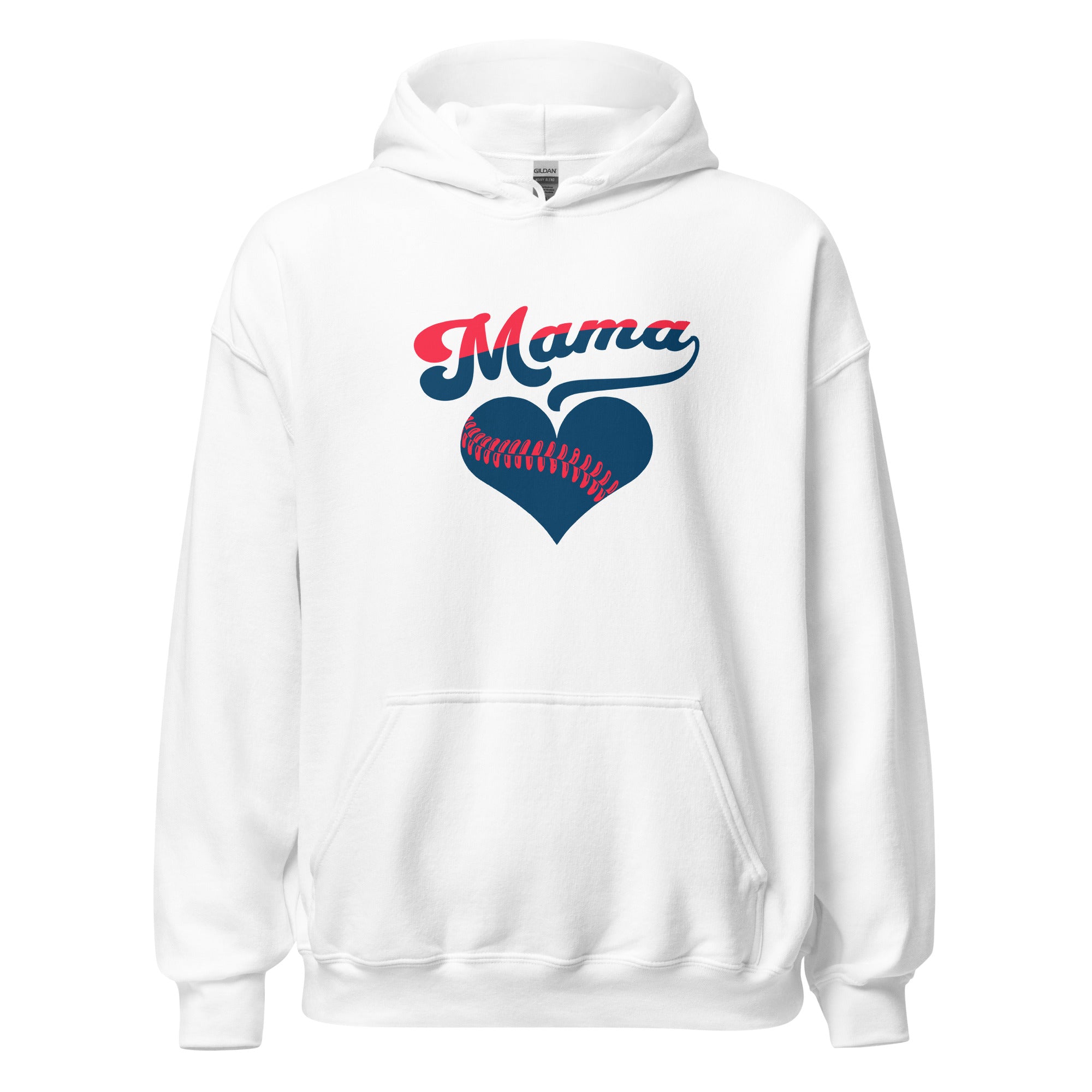 Collection of White baseball mama sweatshirt with bold script 'Mama' and heart-shaped baseball stitching graphic in navy and pink in a gallery layout