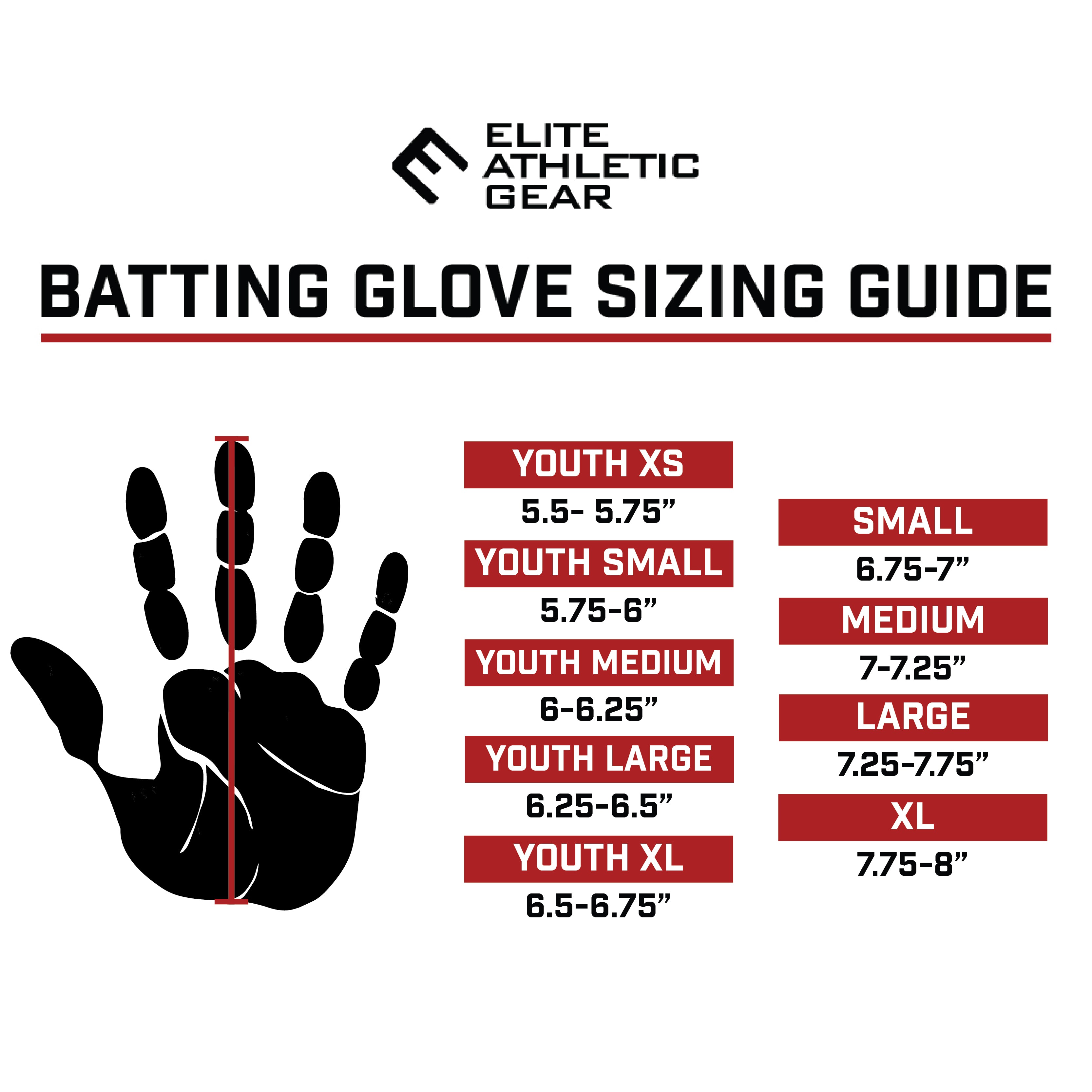 Collection of Elite Athletic Gear batting glove sizing guide with hand measurement chart in a gallery layout