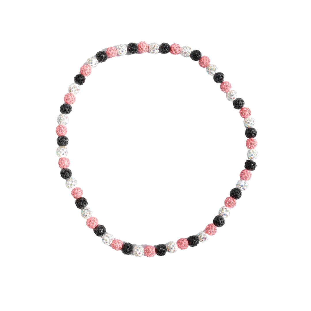 Collection of Necklace with pink, black, and white beads on a white background in a gallery layout