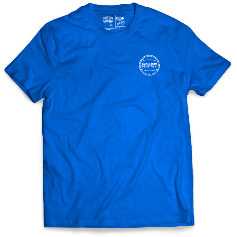 Blue t-shirt with a small white basketball logo on a white background