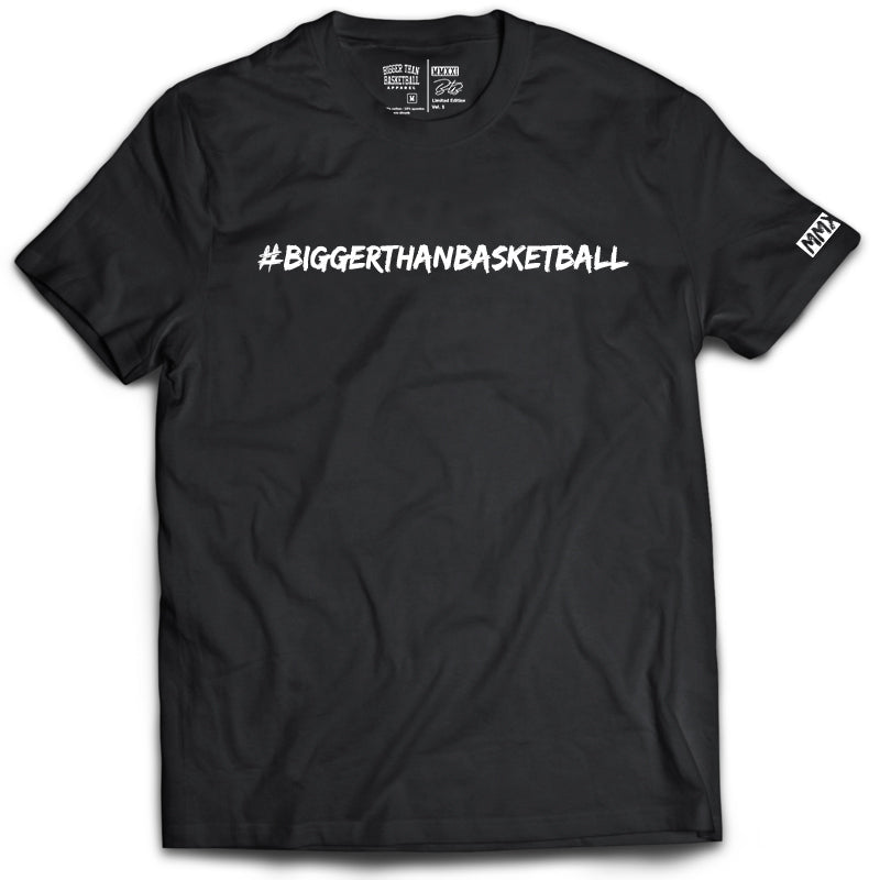 Collection of Black t-shirt with '#BIGGERTHANBASKETBALL' text on a white background in a gallery layout