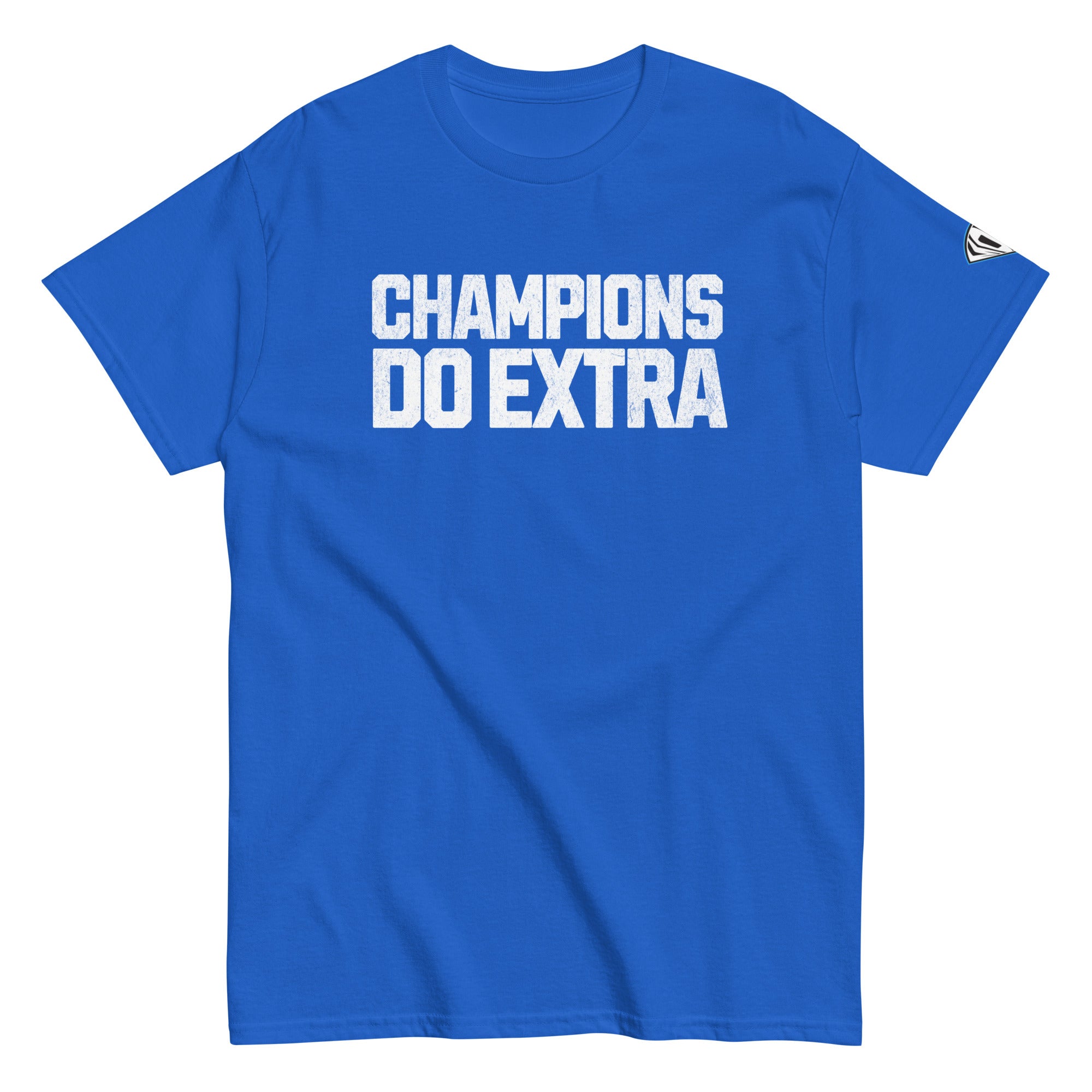 Collection of A blue t-shirt with the text 'CHAMPIONS DO EXTRA' in bold white grunge-style font on the front. in a gallery layout