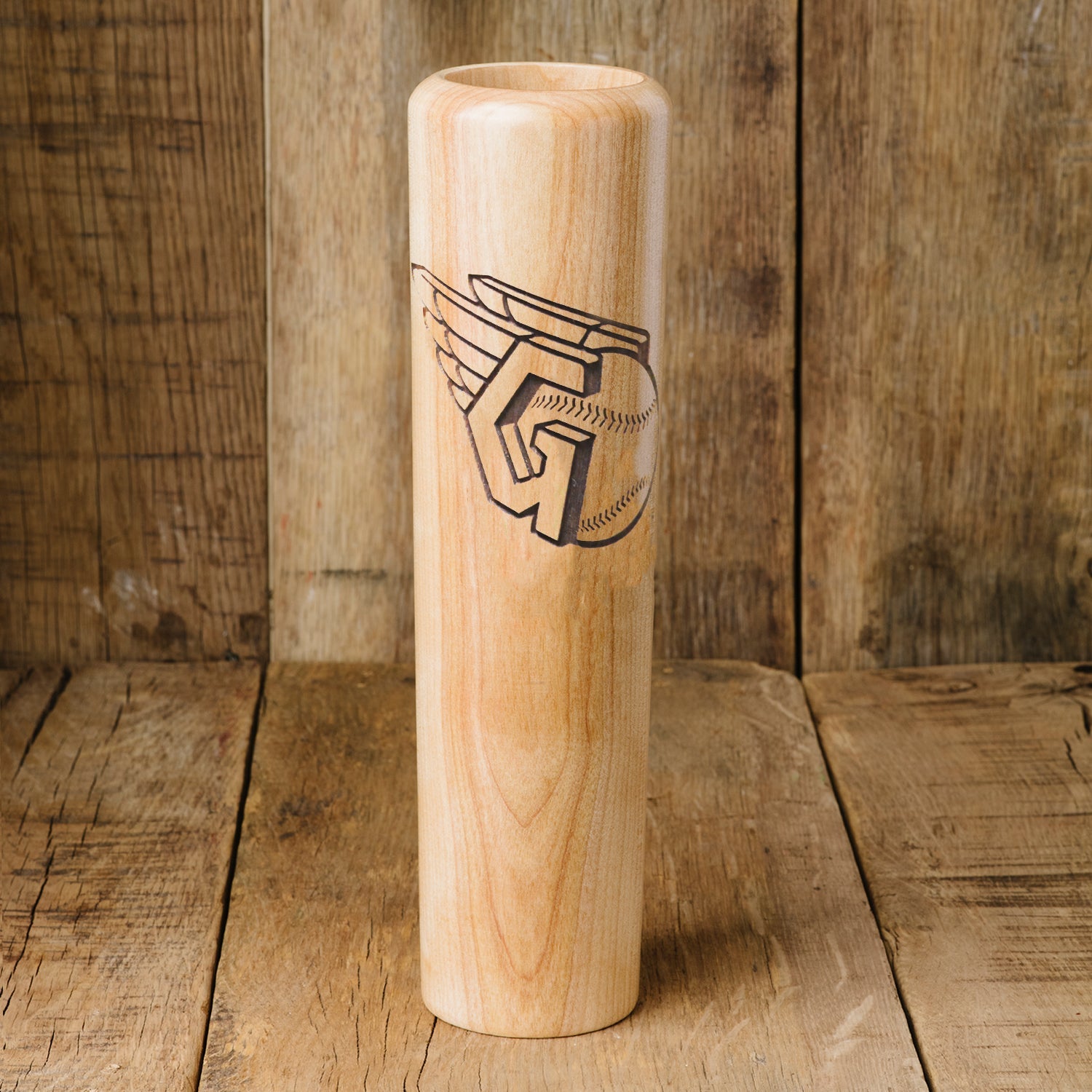 Collection of Wooden baseball bat with engraved logo on a wooden background in a gallery layout