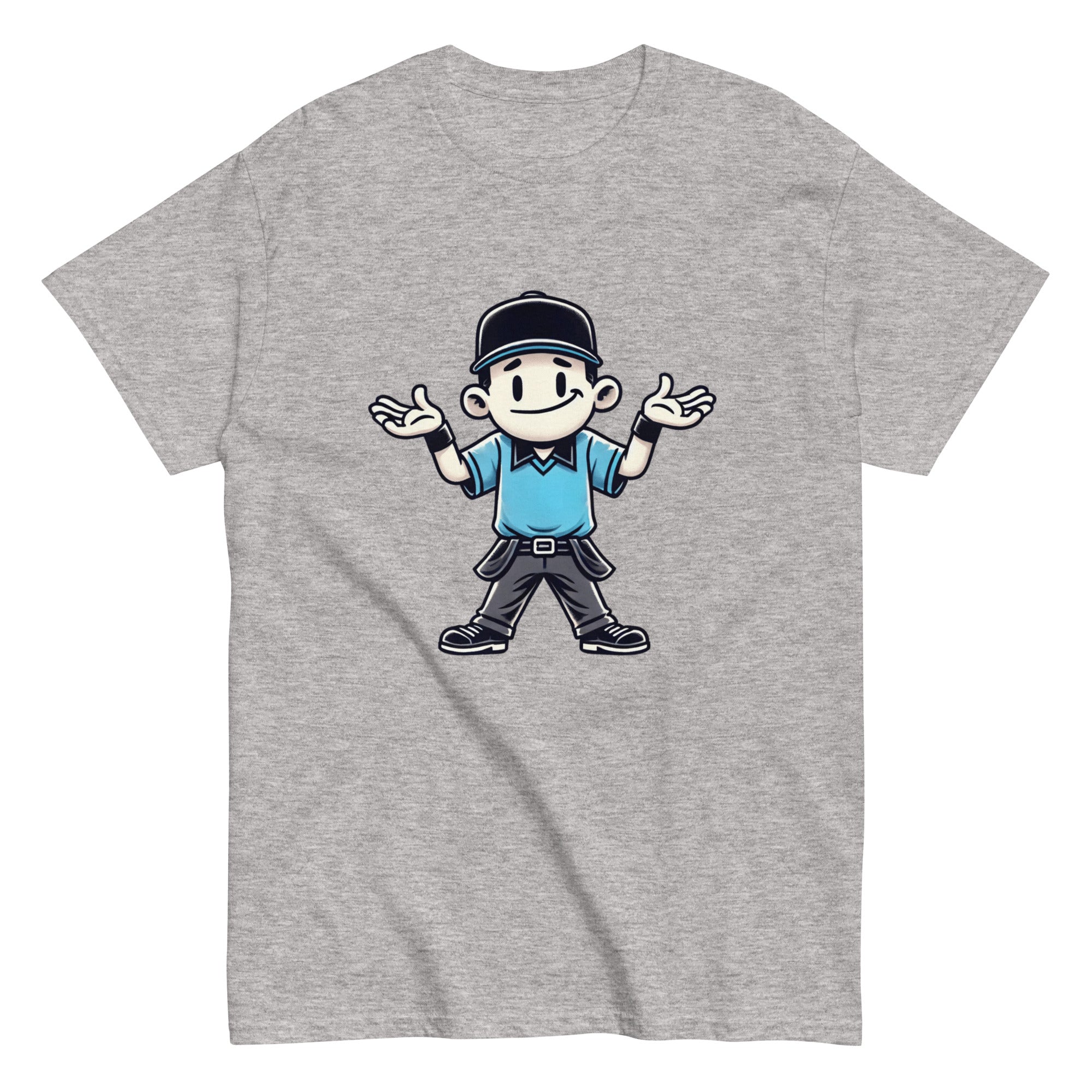 Collection of gray t-shirt with a graphic print of a shrugging umpire in a white and blue outfit. in a gallery layout