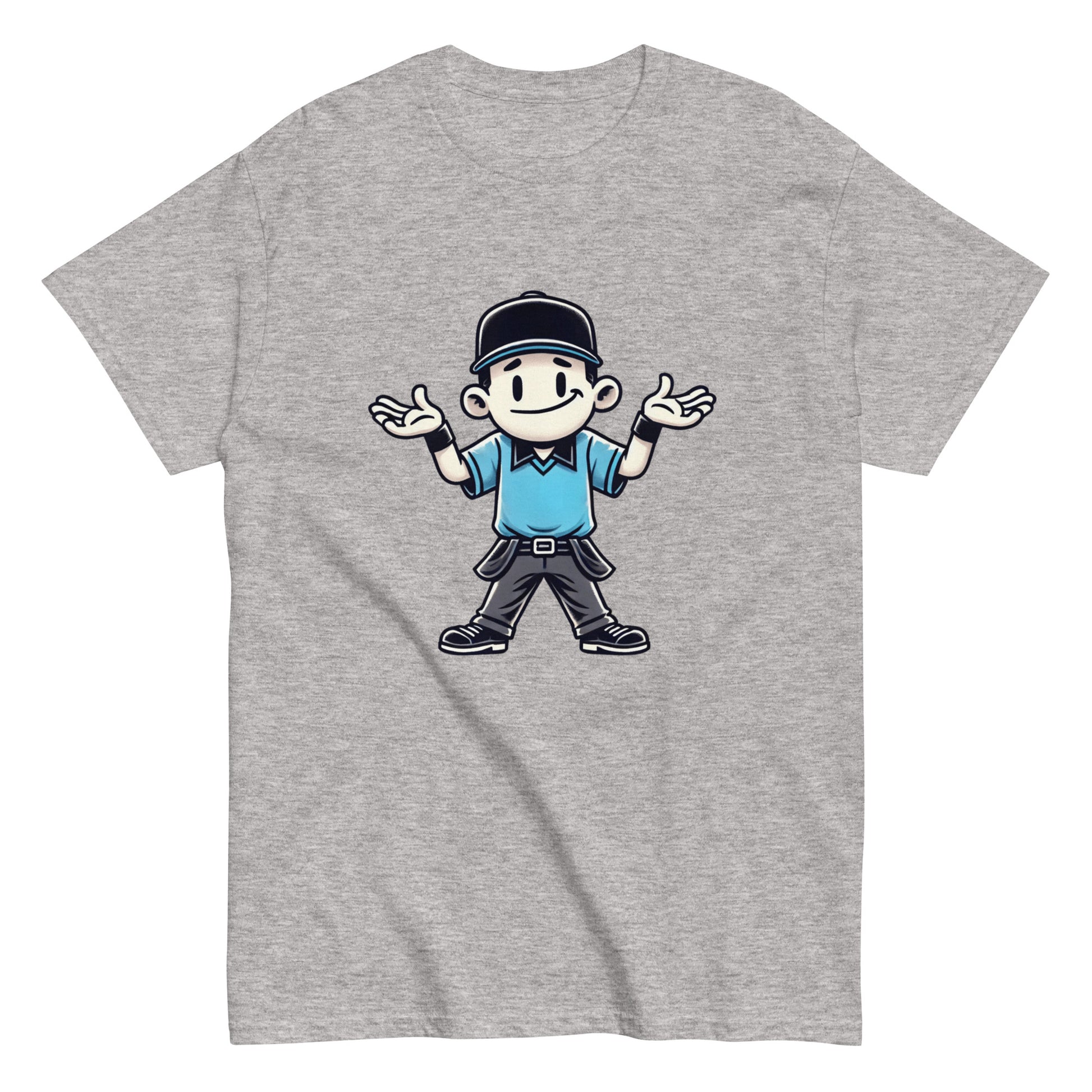 gray t-shirt with a graphic print of a shrugging umpire in a white and blue outfit.