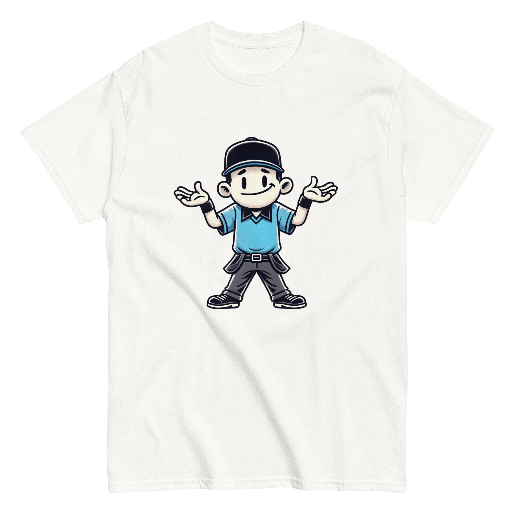 Collection of white t-shirt with a graphic print of a shrugging umpire in a white and blue outfit. in a gallery layout