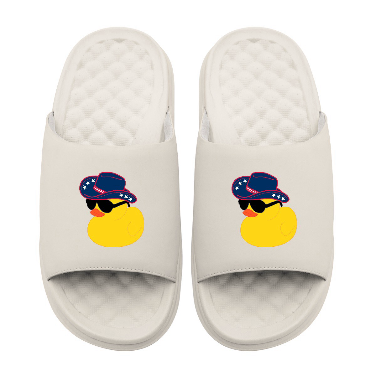 Collection of White slides with a yellow rubber duck wearing a cowboy hat and sunglasses on a white background in a gallery layout