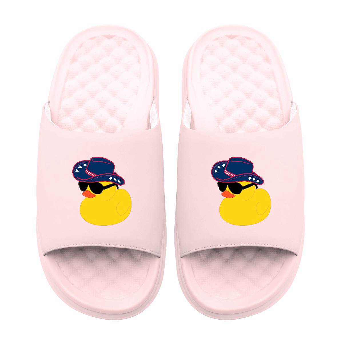 Collection of Pink slides with a yellow rubber duck wearing a cowboy hat on a white background in a gallery layout