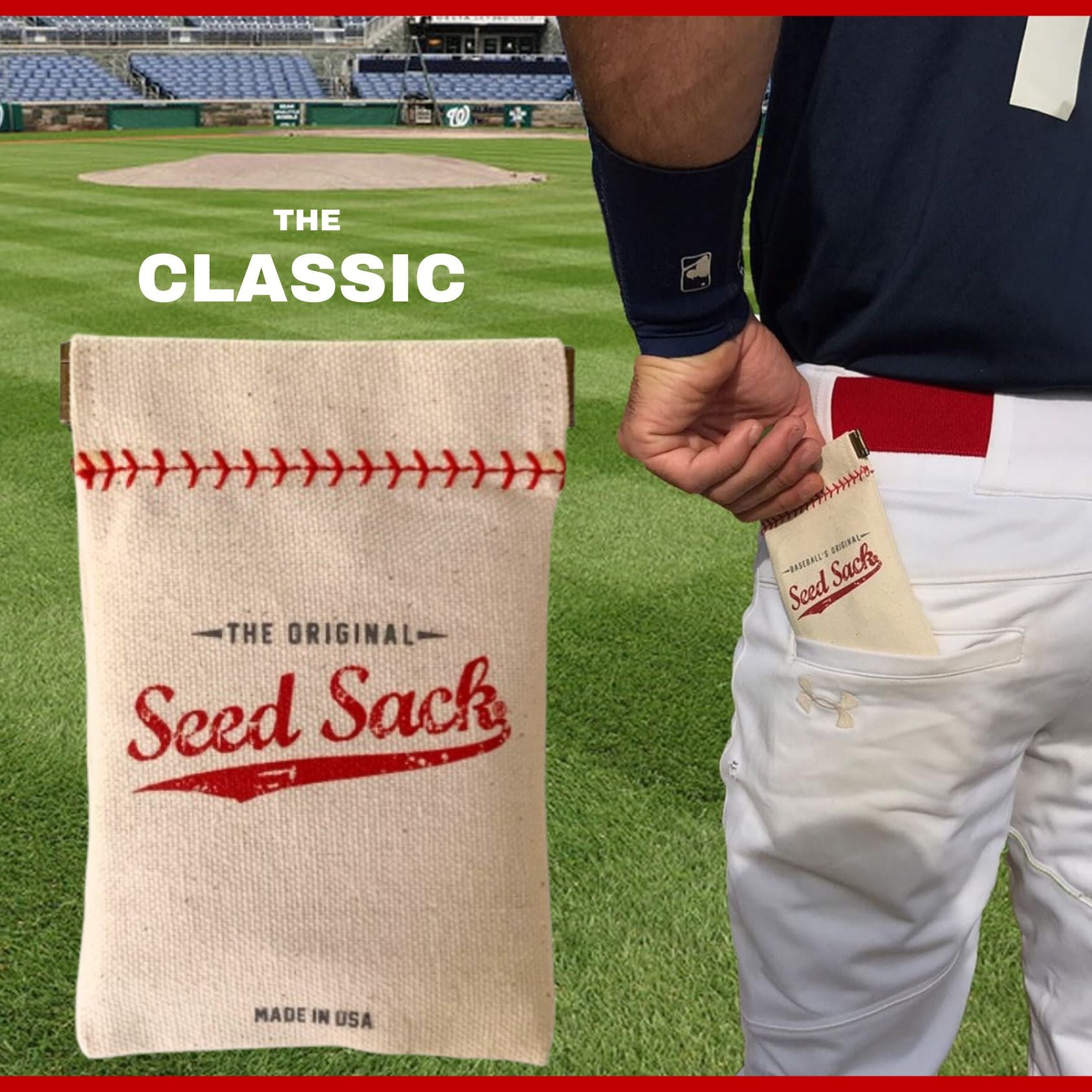 Collection of Seed sack with red stitching held by a person on a baseball field, labeled 'The Original Seed Sack'. in a gallery layout