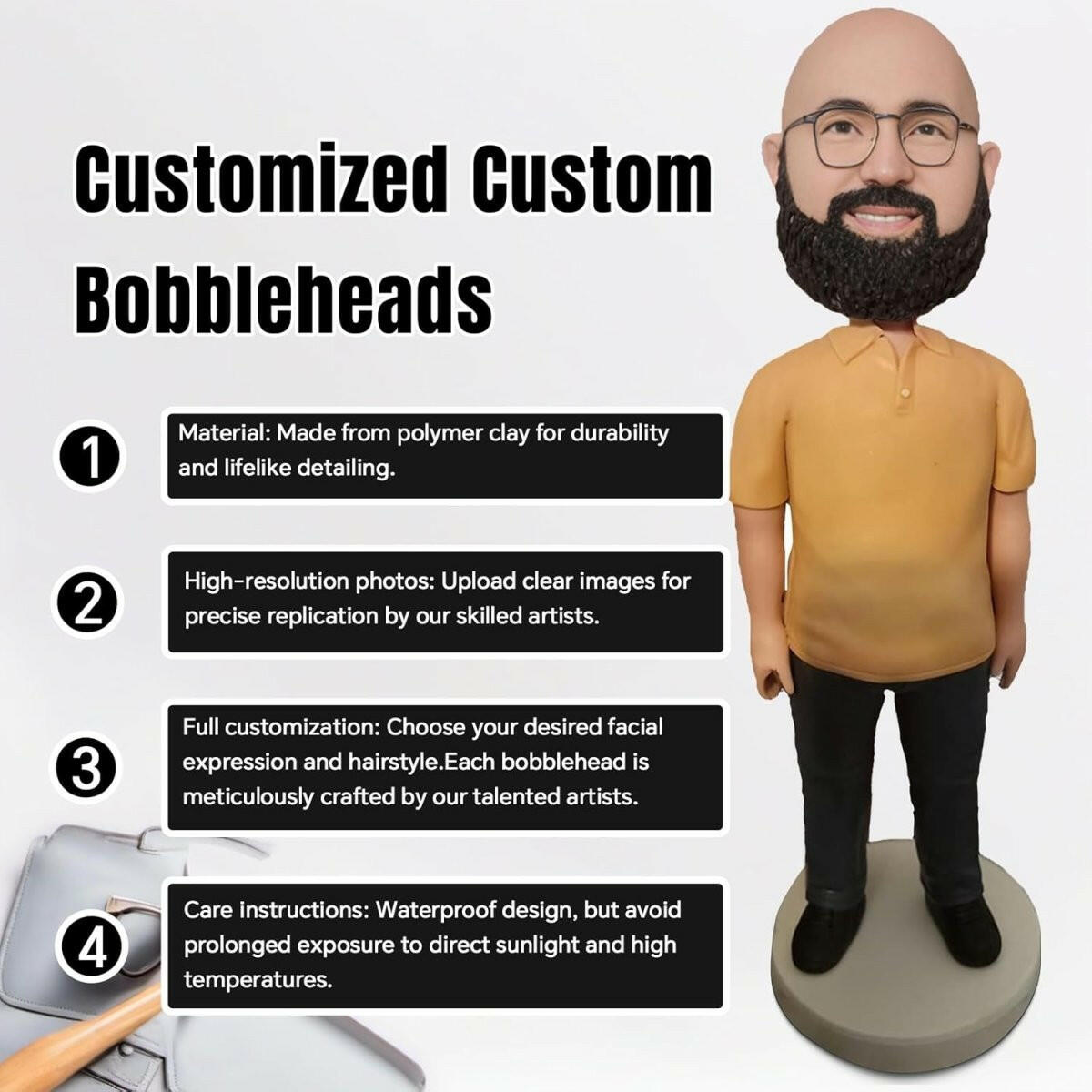 Collection of Customized custom bobblehead with material, photo upload, customization, and care instructions displayed. in a gallery layout