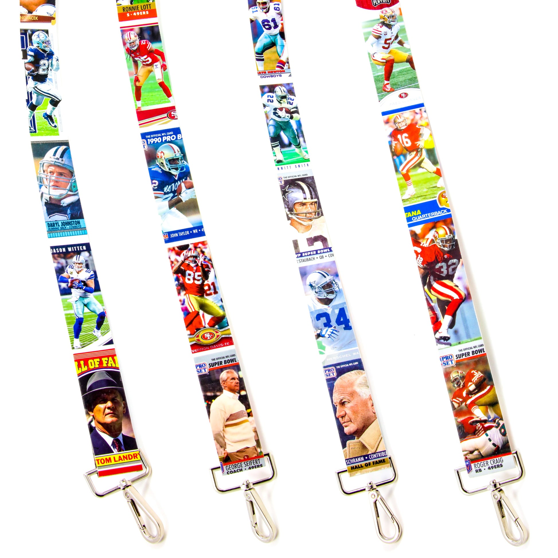 Two colorful lanyards with football player images on a white background