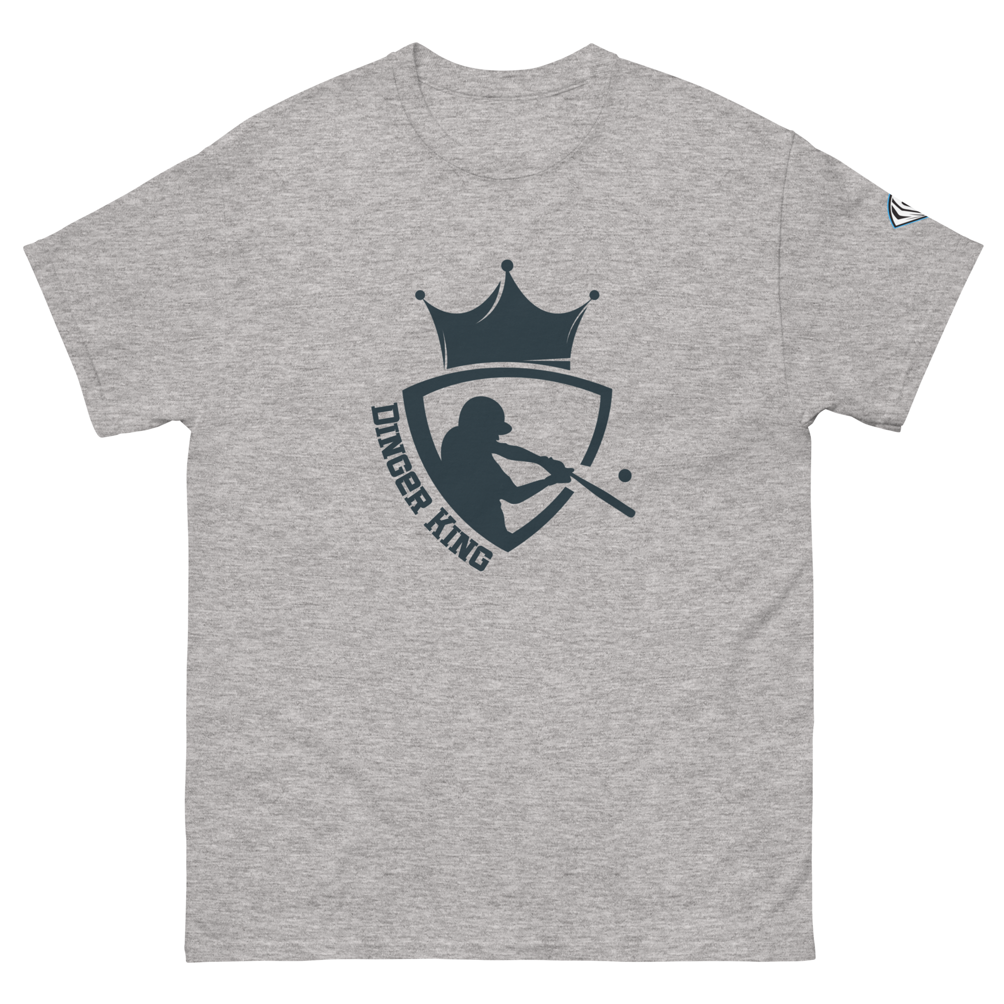 Collection of A gray t-shirt with a graphic design of a baseball player silhouette wearing a crown, and the text 'DINGER KING'. in a gallery layout