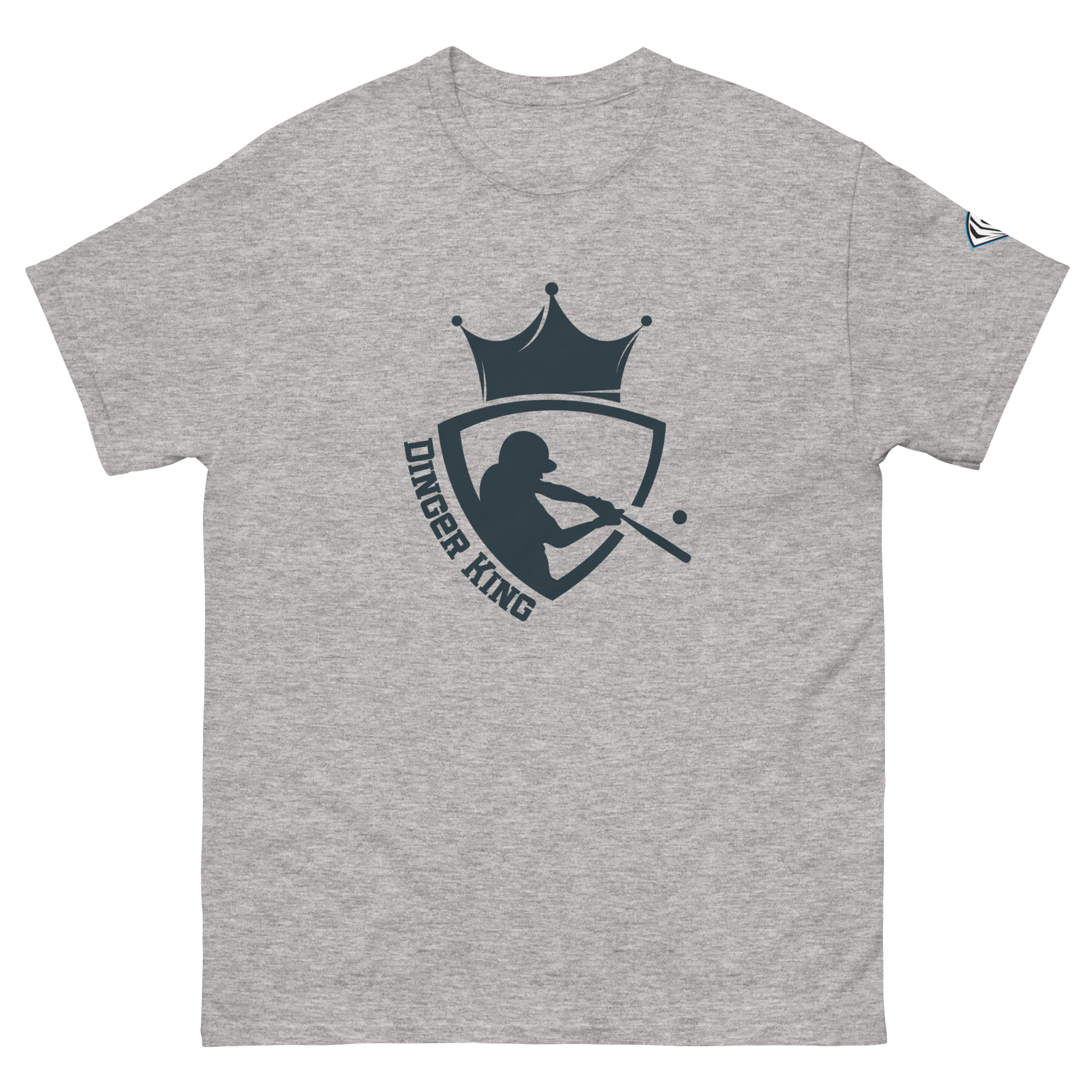 A gray t-shirt with a graphic design of a baseball player silhouette wearing a crown, and the text 'DINGER KING'.