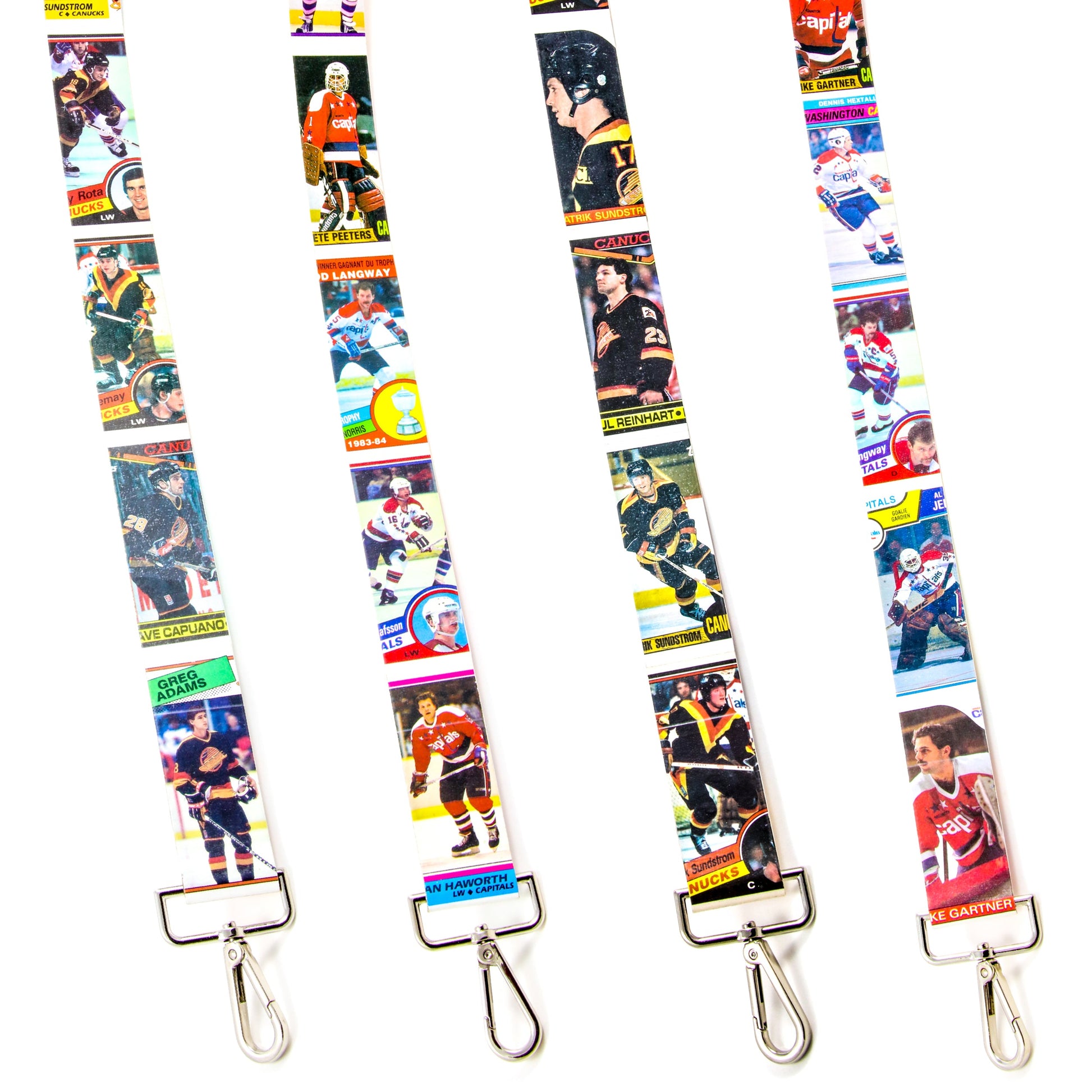 Hockey card purse straps on a white background
