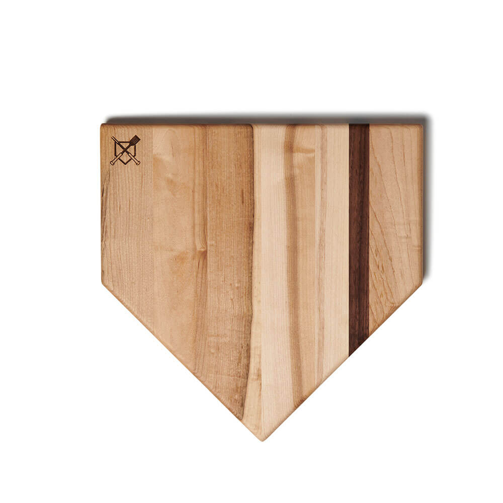 Collection of Wooden baseball themed cutting board with a geometric design on a white background in a gallery layout