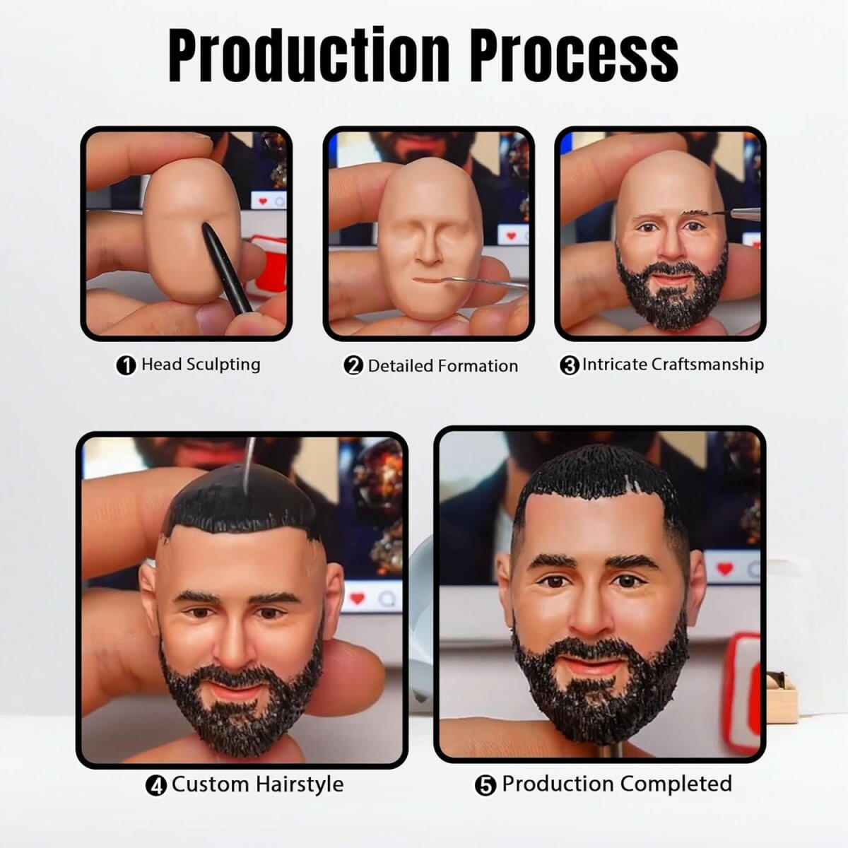 Collection of Step-by-step process of creating a custom head sculpture with detailed formation and customization. in a gallery layout
