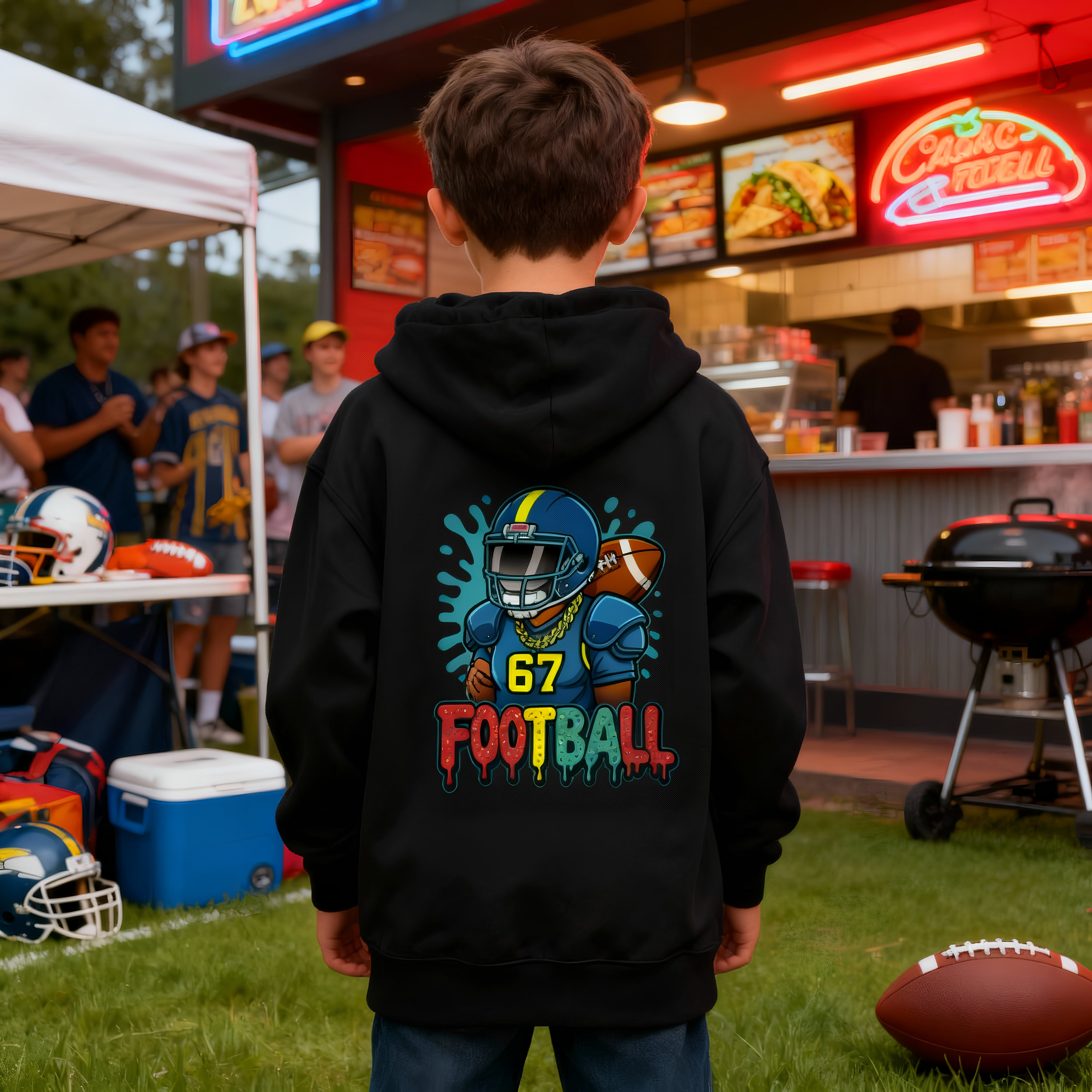 Collection of 6–7 Drippy Football Youth Hoodie in a gallery layout