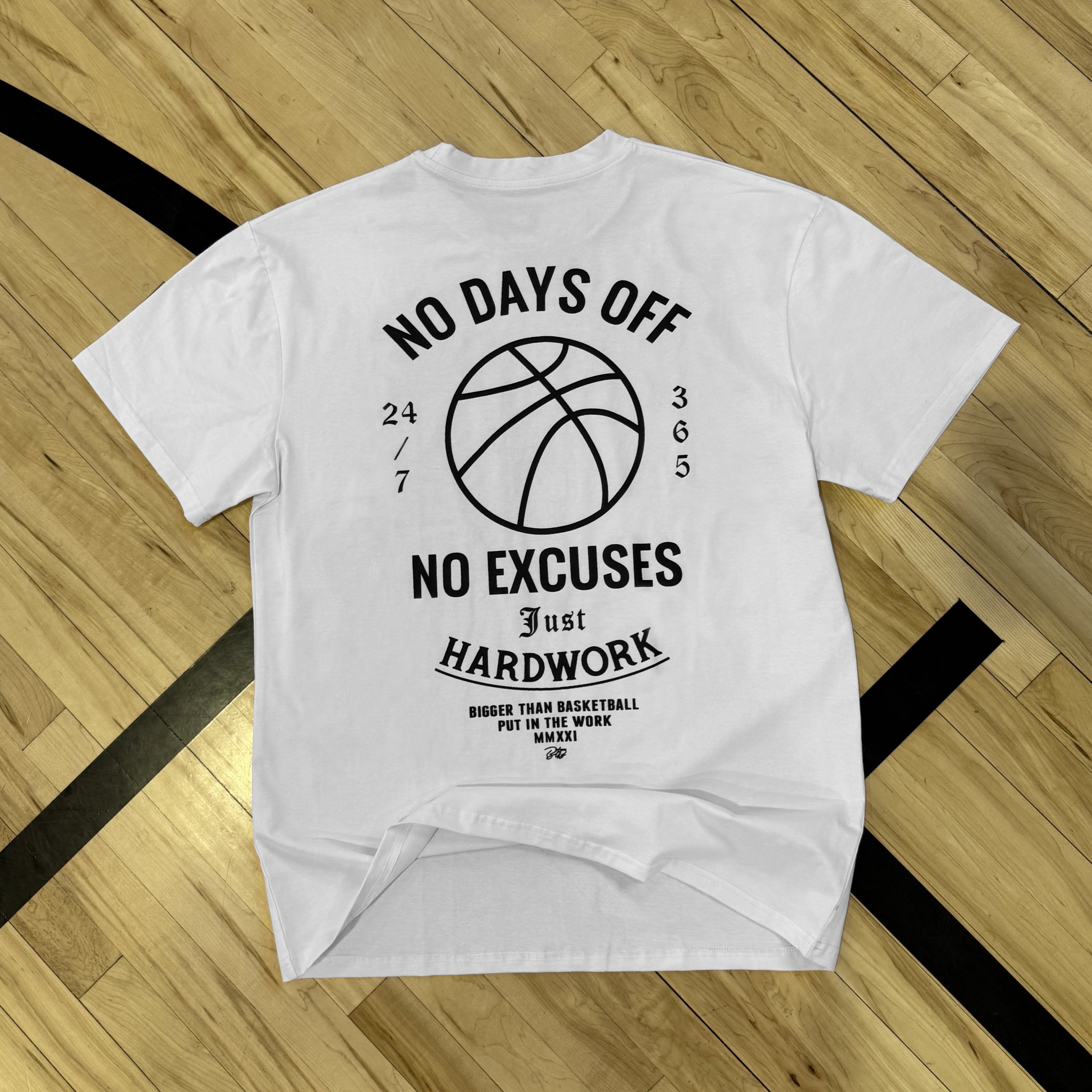 Collection of White t-shirt with black text and basketball graphic on a wooden floor background in a gallery layout