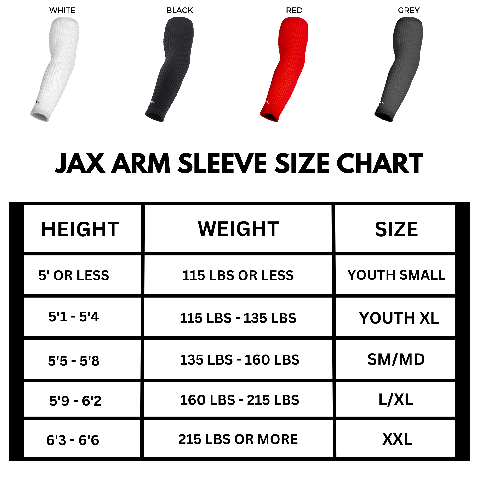 Collection of JAX Arm Sleeve size chart with color options on a white background in a gallery layout