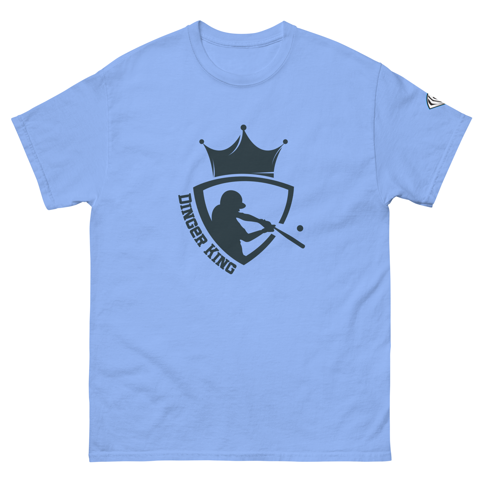 Collection of A blue t-shirt with a graphic design of a baseball player silhouette wearing a crown, and the text 'DINGER KING'. in a gallery layout