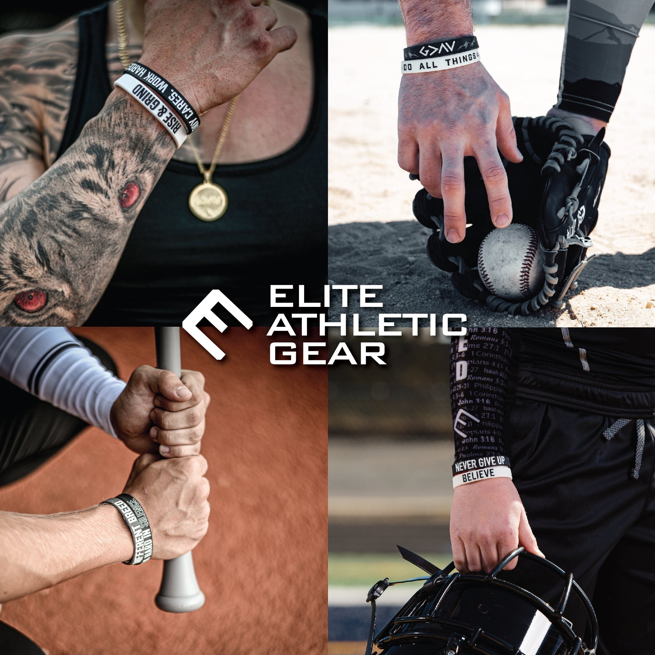 Collection of Collage of athletic gear with 'Elite Athletic Gear' logo and various sports equipment. in a gallery layout