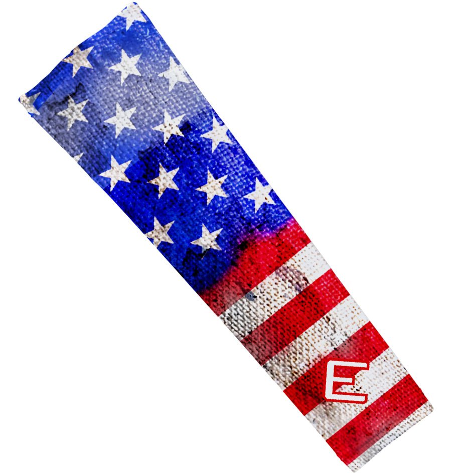 Collection of American flag arm sleeve patterned headband with a logo on a white background in a gallery layout