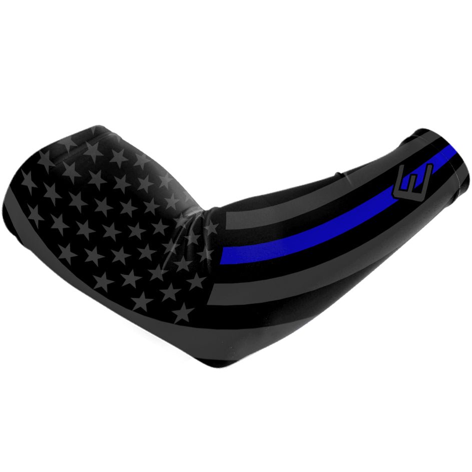 Collection of Black arm sleeve with American flag pattern and blue stripe on a white background in a gallery layout