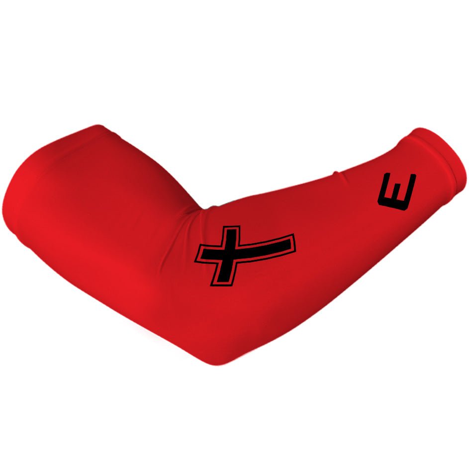 Collection of Red arm sleeve with black cross design and letter 'E' on a white background in a gallery layout