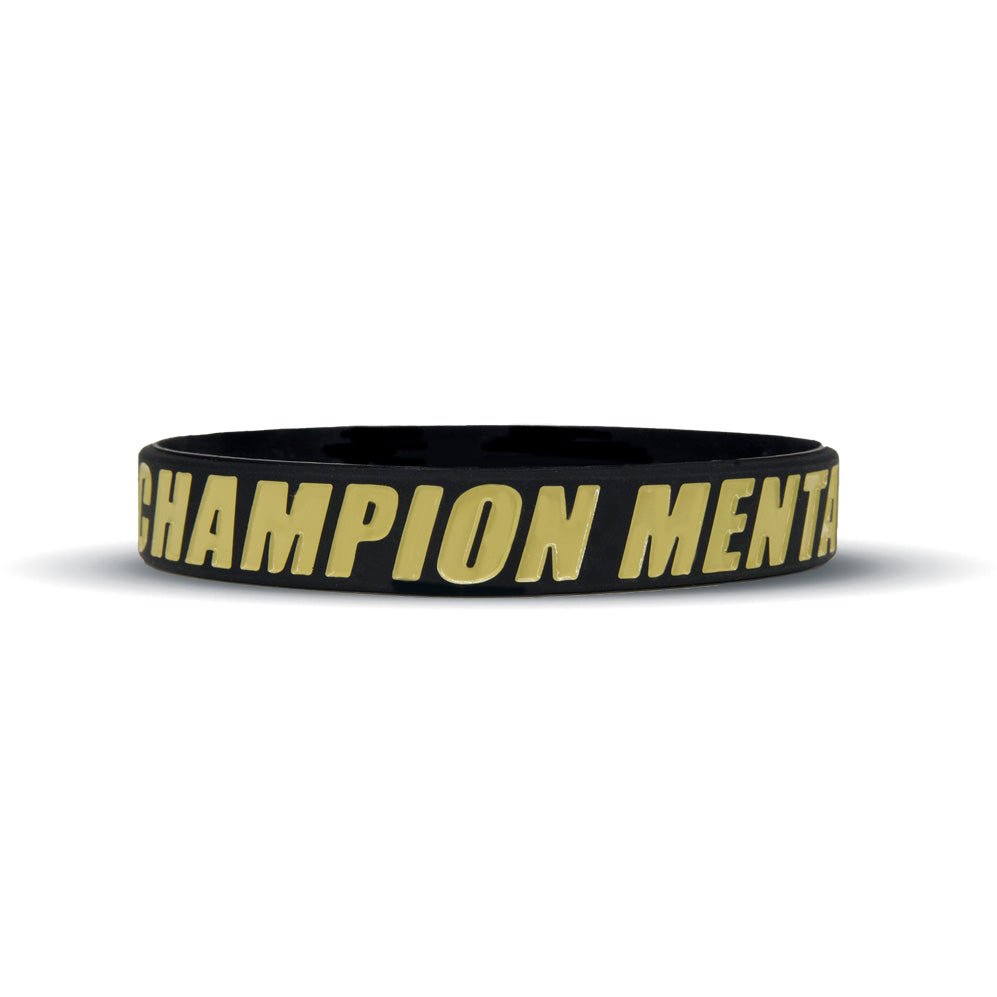 Collection of Black wristband with 'Champion Mentality' text on a white background in a gallery layout