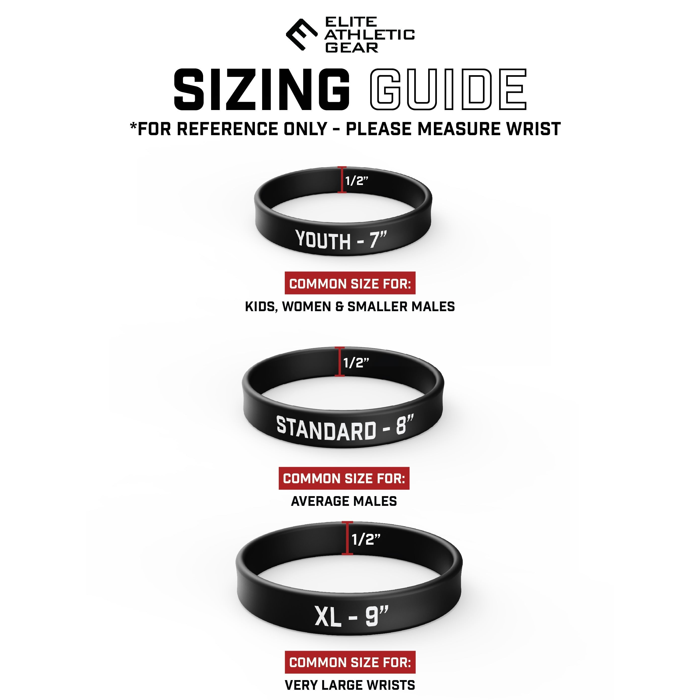 Collection of Sizing guide for wristbands with measurements and labels on a white background in a gallery layout