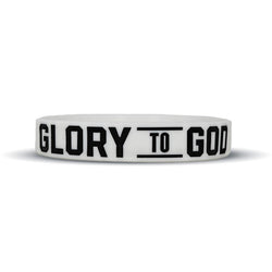 Collection of White wristband with 'GLORY TO GOD' text on a white background in a gallery layout