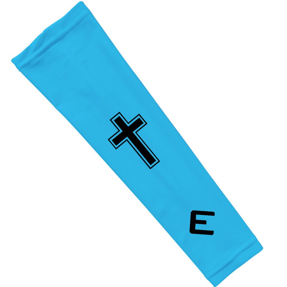 Blue arm sleeve with a black cross and letter 'E' on a white background