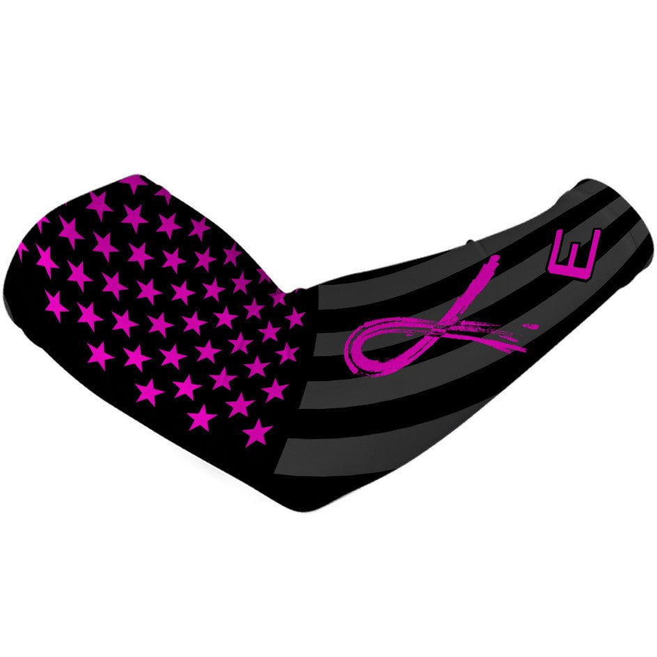 Collection of Black arm sleeve with pink stars and a pink ribbon on a white background in a gallery layout