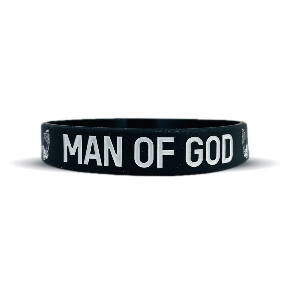 Black wristband with 'MAN OF GOD' text on a white background