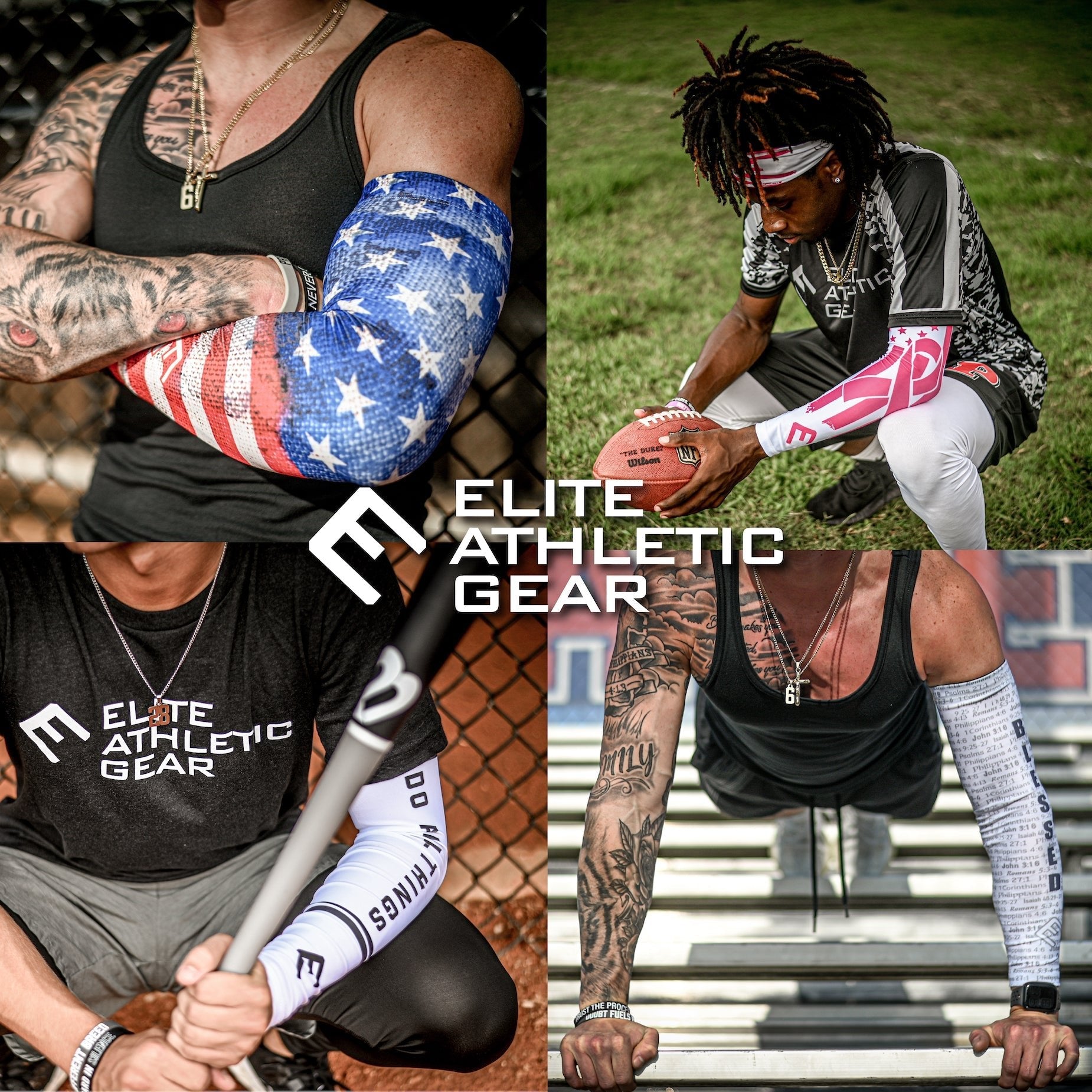 Collection of Collage of people wearing ELITE ATHLETIC GEAR compression sleeves in various sports settings. in a gallery layout