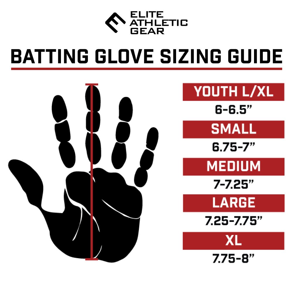 Collection of Elite Athletic Gear batting glove sizing guide with hand measurement and size chart. in a gallery layout