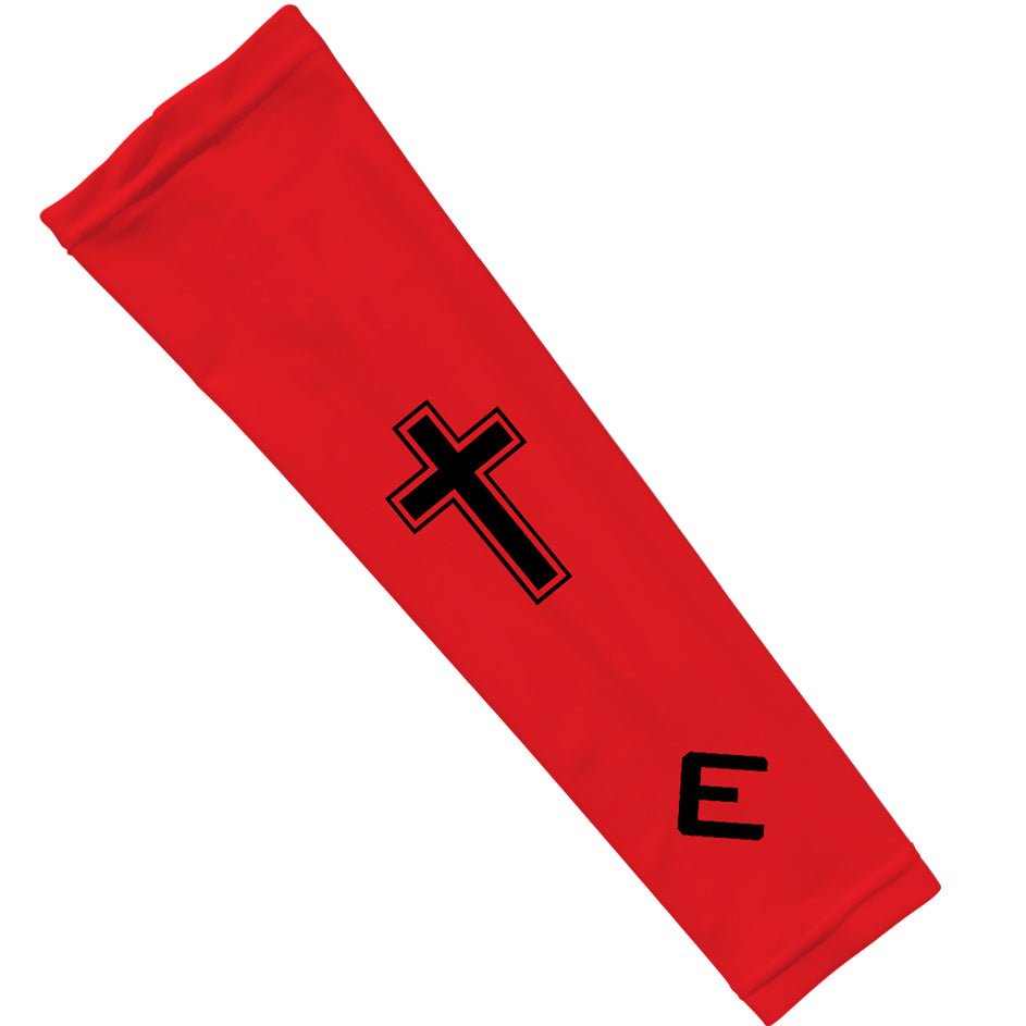 Collection of Red faith arm sleeve with black cross and letter 'E' on a white background in a gallery layout