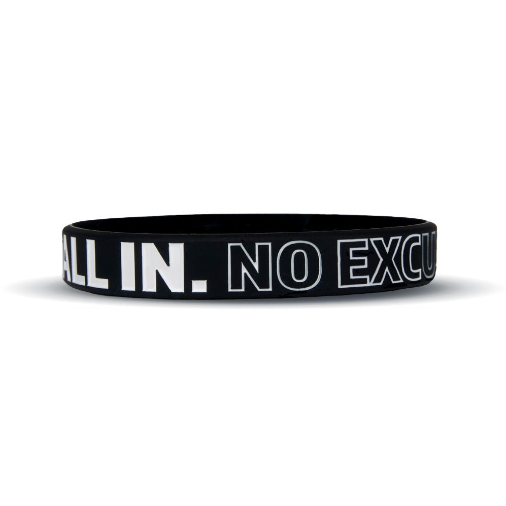 Collection of Black wristband with 'ALL IN. NO EXCUSES.' text on a white background in a gallery layout