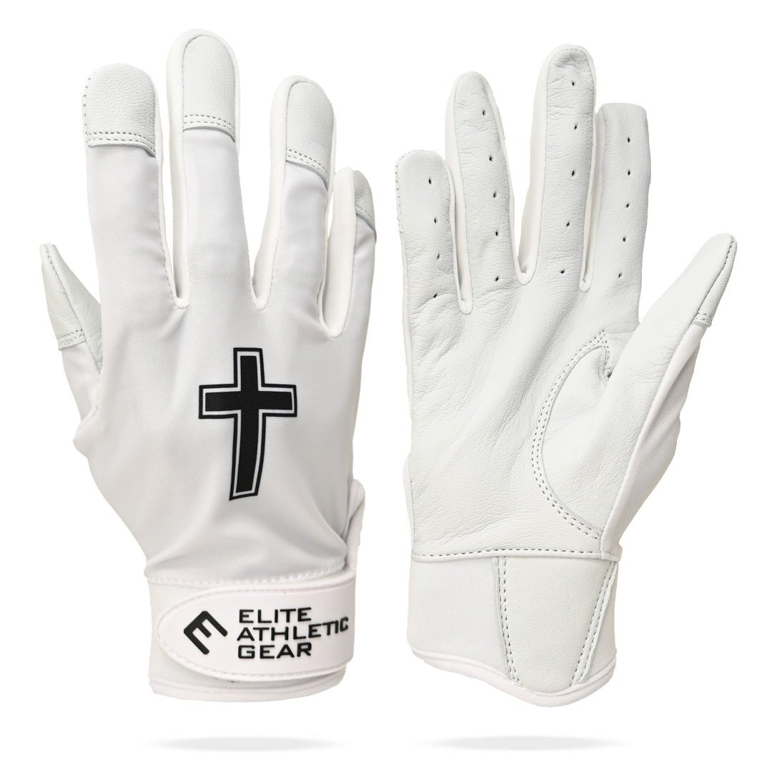 Collection of White athletic gloves with a black cross design and 'Elite Athletic Gear' branding on a white background. in a gallery layout