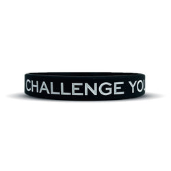Collection of Black wristband with 'CHALLENGE YOU' text on a white background in a gallery layout