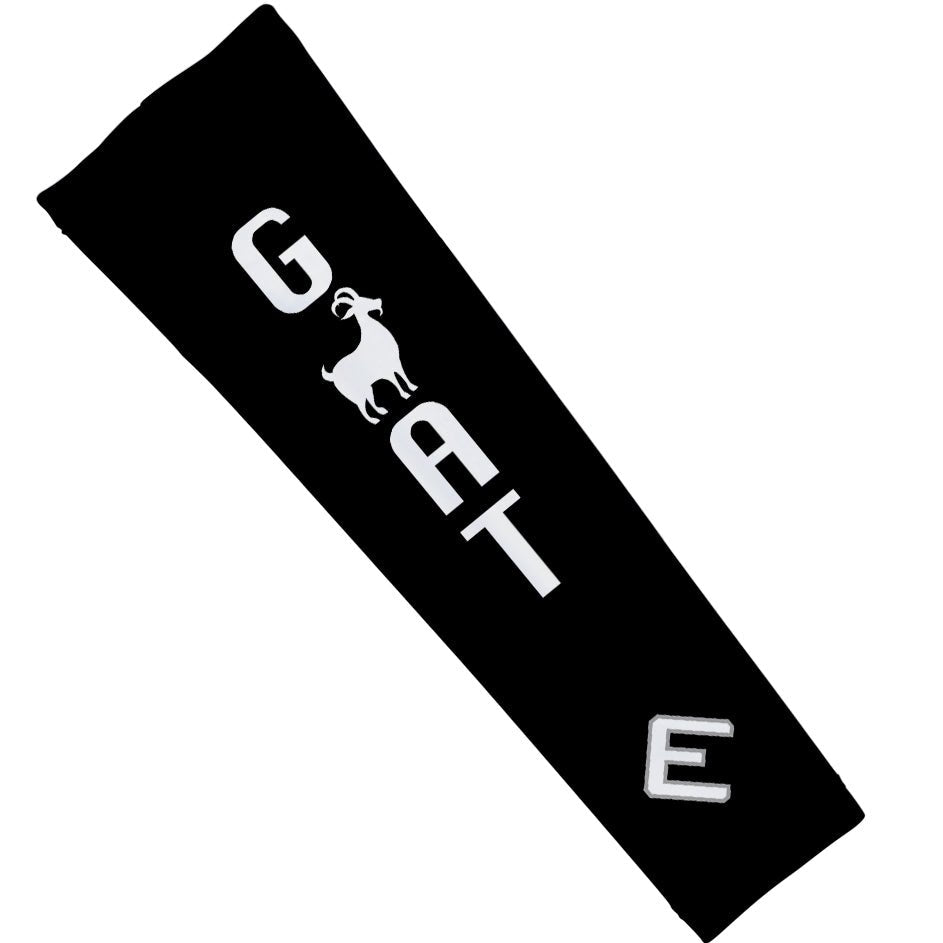 Black bandana with white text and goat graphic on a white background