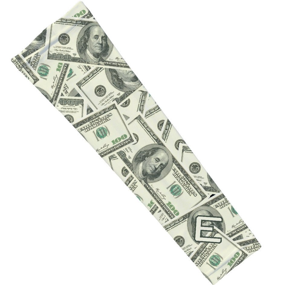 Collection of Money-themed arm sleeve with dollar bill design on a white background in a gallery layout