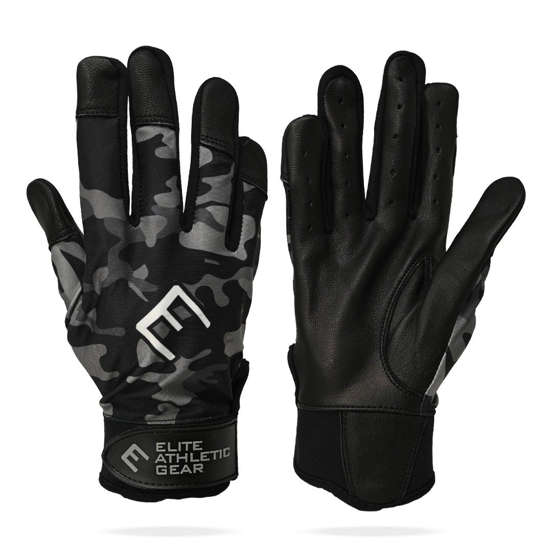 Collection of Two gloves, one with camouflage pattern and the other black, on a white background. Both gloves feature the 'Elite Athletic Gear' logo. in a gallery layout