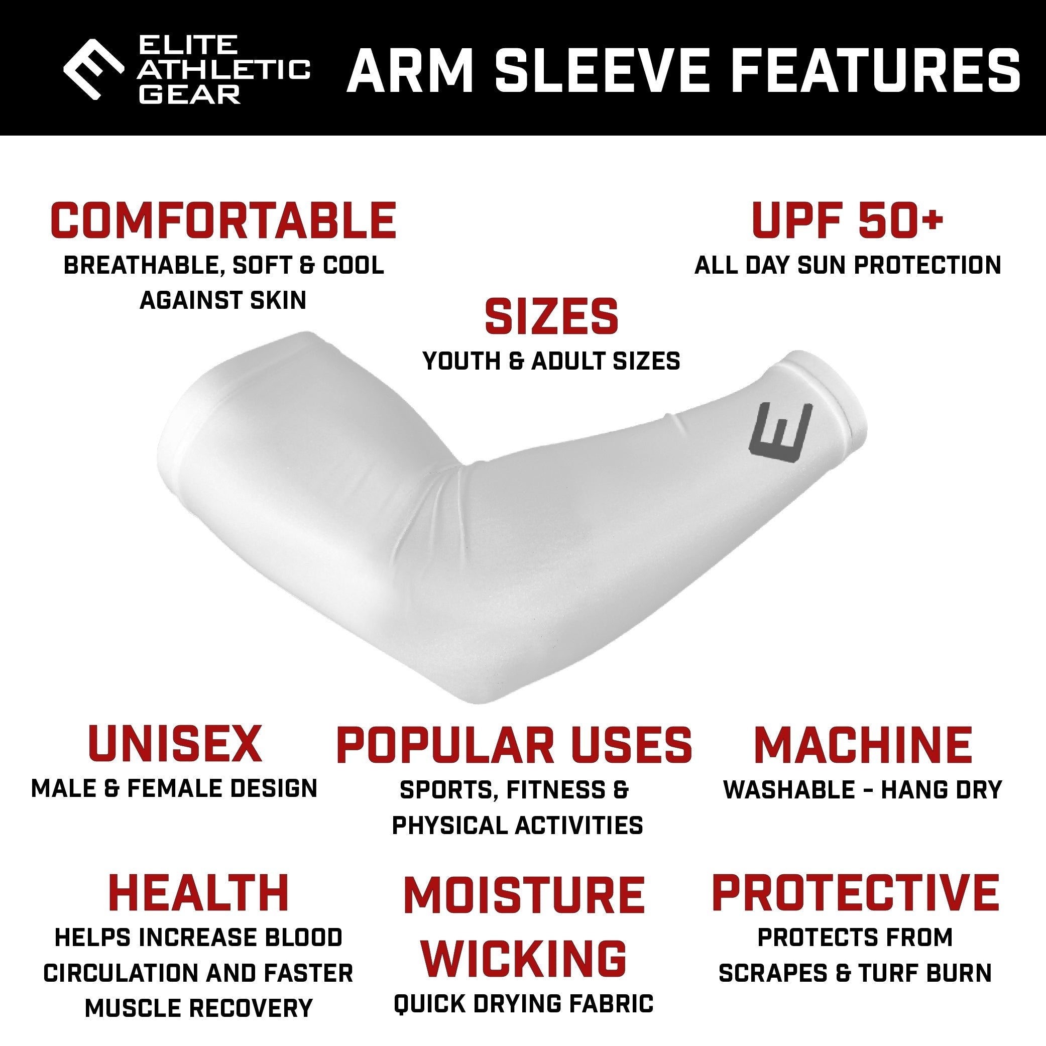 Collection of White arm sleeve with features listed on a white background in a gallery layout