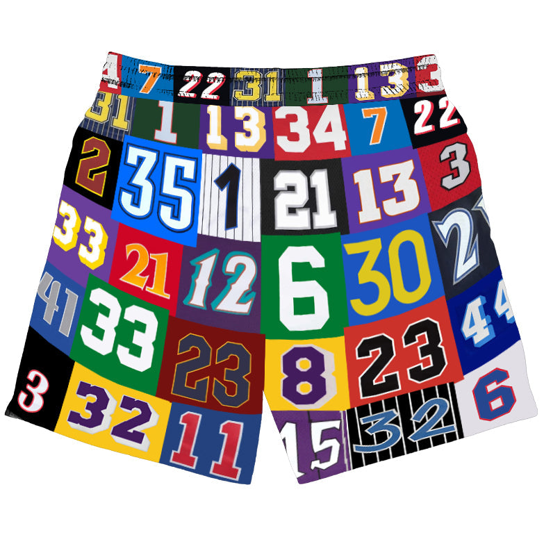 Collection of Multicolored boxer briefs with various numbers on a white background in a gallery layout