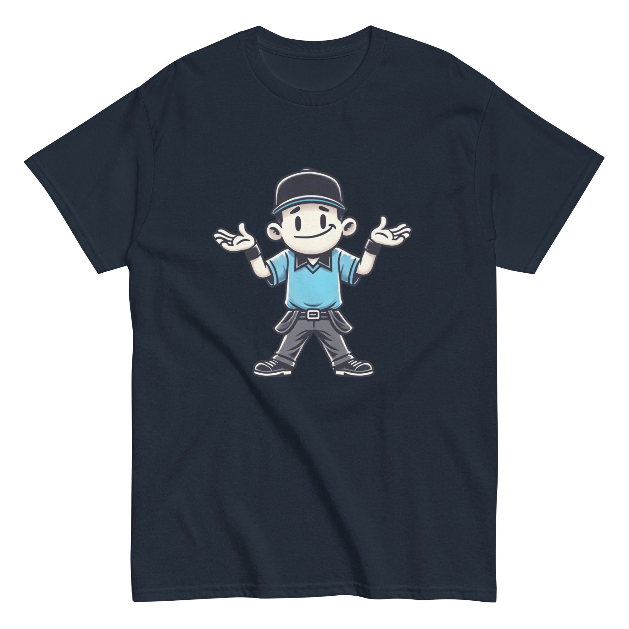 Collection of navy t-shirt with a graphic print of a shrugging umpire in a white and blue outfit. in a gallery layout